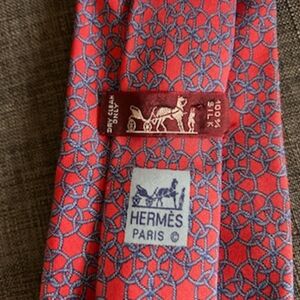 Hermes coral background / blue rope motif over the top men's  tie 100 % silk